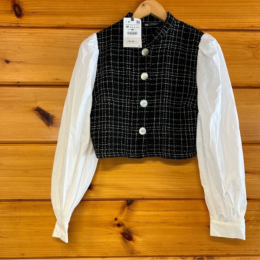 ZARA Tweed Contrasting Round Neck Long Sleeve Blouse Button Up Top M - Picture 1 of 3